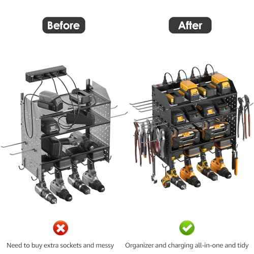 CCCEI Modular Power Tool Organizer with Charging Station. 4 Layer Wall Mount Drills Holder, Tool Battery Charger Organizer. Garage Shop Storage Utility Shelf with 10FT Power Strip, Gift for Men.