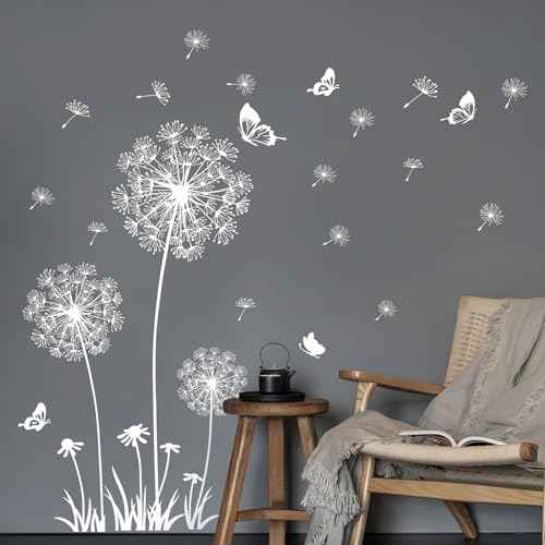 2 Sheets Dandelion Wildflower Wall Decals Art, Wall Stickers Peel and Stick Floral Butterflies Flying Decor for Girls Kids Women Baby Nursery Living Room Bedroom Bathroom Hallway Stairwell (White)