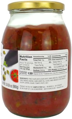Sicilian Eggplant Caponata, Appetizer, Big Jar 34.5 oz, Sicilian recipe for Antipasto, side dish or pasta with Eggplant, Tomato, Onion, Celery, Olives and Capers. 100% Made in Italy, Campo D'Oro