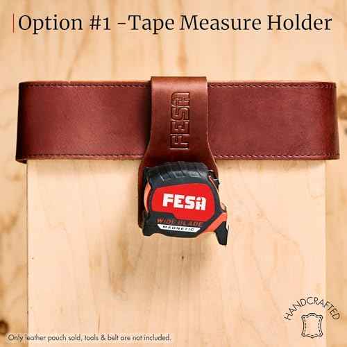 FESA Leather Tape Measure Holder for Belt with Steel Clip & Reinforced Heavy Duty Rivets - Leather Drill Holder for Tool Belts up to 3" Wide - Handcrafted