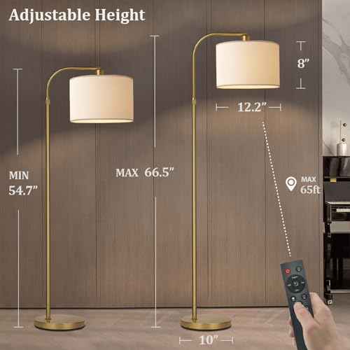 Gold Floor Lamp with Remote Control, 1200 Lumens Adjustable Height Dimmable Arc Floor Lamp for Living Room, Modern Gold Standing Lamp for Bedroom, Office, LED Smart Bulb Included