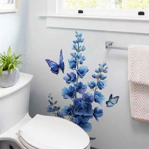 Blue Flower Butterfly Wall Stickers, sacinora Daisy Peony Violets Floral Art Wall Decals Removable Vinyl Peel and Stick for Bathroom Bedroom Home Decorations
