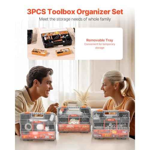 VEVOR 3-Pack Small Parts Organizer, 21 Compartments Tools Organizer Box with Removable Dividers, PP Hardware Storage Box with Safety Latch & Portable Handle for Nuts, Bolts, Screws, Nails