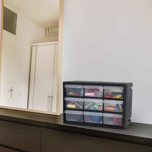 Hardware and Craft Drawer Cabinet, 9 Drawer Plastic Parts Storage Cabinet, Black