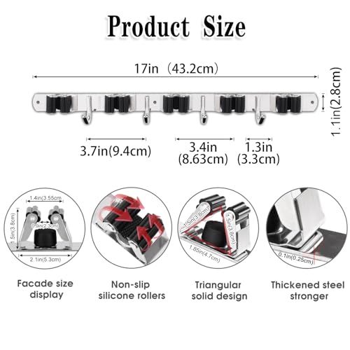 2 Pack Mop and Broom Holder Wall Mount, 5 Racks and 4 Hooks Broom Organizer Storage Tool Racks Stainless Steel Heavy Duty Hooks Self Adhesive Solid Non-slip for Home Kitchen Garden Laundry Garage