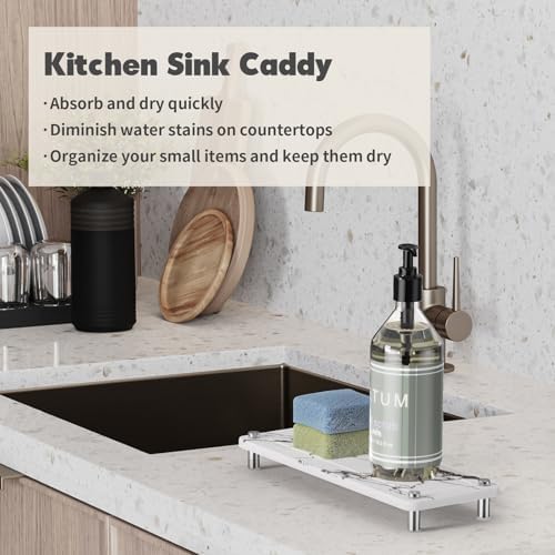 Kitchen Sink Caddy Water Absorbing Stone Tray For Sink, Diatomite Bathroom Countertop Tray Organizer, Faucet Stone Drying Mat Coaster Soap Dish Sponge Dispenser Holder (Marble)