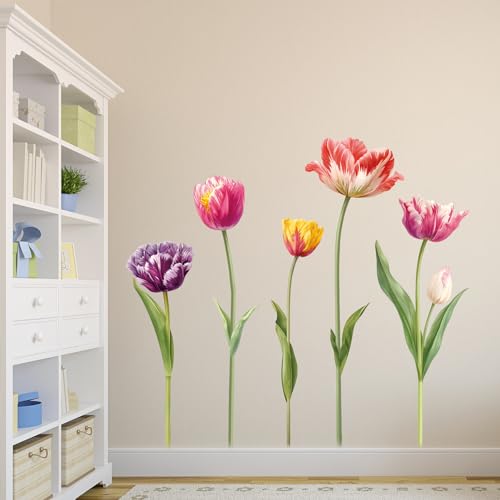 5 Large Tulip Flowers Wall Stickers - Wildflower Floral Garden Wall Stickers - Girls Bedroom Living Room Sofa TV Background Home Wall Decor