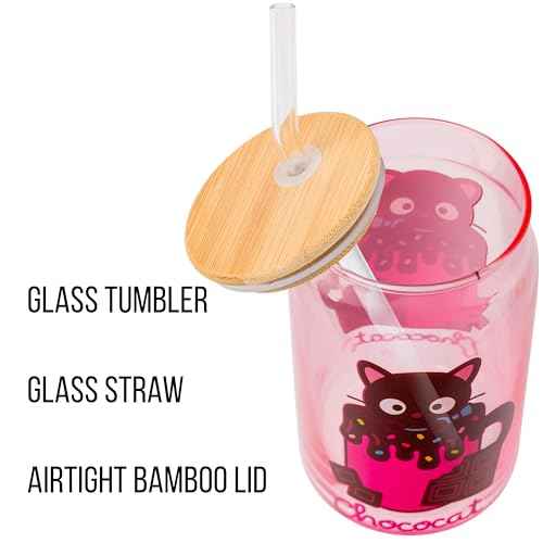 Silver Buffalo Sanrio Hello Kitty & Friends Chococat Chocolate Pink Glass Jar Tumbler with Bamboo Lid and Glass Straw, 16 Ounces