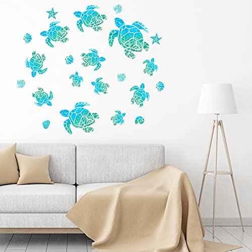 Outus 46 Pieces Sea Turtle Wall Decals Ocean Turtle Vinyl Stickers Underwater Bathroom Decals Starfish Shell Wall Sticker Waterproof Ocean Sticker Decoration for Home Office Nursery Bathroom Toilet