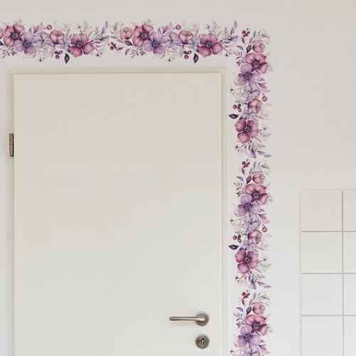 Romantic Purple-Pink Flower Vine Wall Stickers, sacinora Botanical Floral Art Peony Rose Daisy Wall Decals Removable Vinyl Peel and Stick for Living Room Bedroom Bathroom Kitchen Decoration