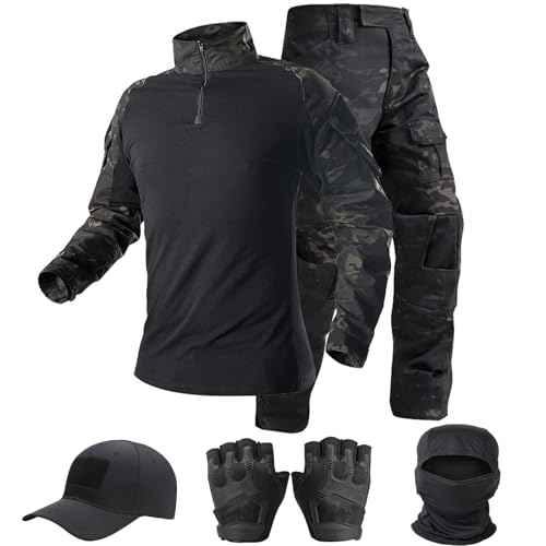 Tactical Suit,Combat Pants and Shirt,Cap Gloves Balaclava Set,Black Camo Uniform Men's Military Airsoft Gear