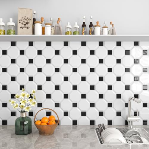 LaCheery 12"x12" Black and White Peel and Stick Backsplash for Bathroom Kitchen Backsplash Tiles Peel and Stick Octagon Peel and Stick Backsplash Tile Waterproof Wall Tiles Sticker Back Splash 4 Tiles