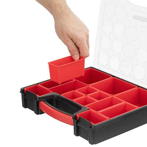 INTERTOOL Hardware Organizer with 13 Removable Bins - Small Parts Storage Tool Box for Nuts, Bolts, Screws, Nails - Portable Handle Transparent Lid with Locks BX08-4031