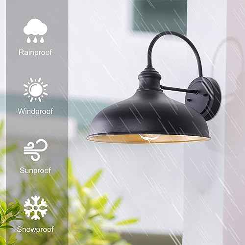 10" Dome Barn Lights for Farmhouse, Matte Black Gooseneck Outdoor Light Fixture, Exterior Porch Lighting with Wall Mount, Outside Goose Neck Wall Sconce for Patio