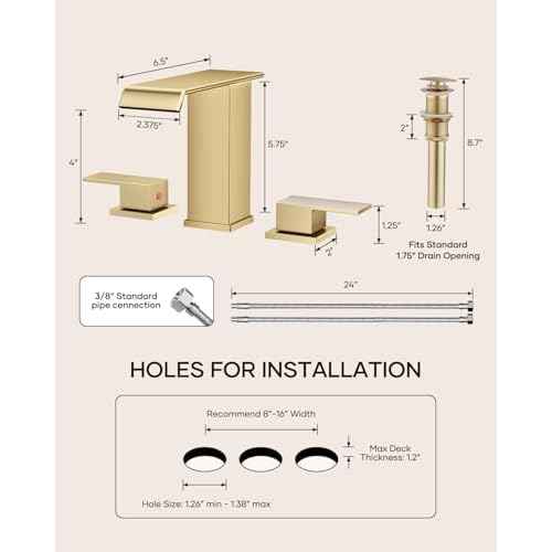 Waterfall Bathroom Faucet 3 Hole, Brushed Gold 8 Inch Widespread Modern 3 Piece Bathroom Sink Faucets & Parts, Touch On Lavatory Faucet for Bathroom Vanity