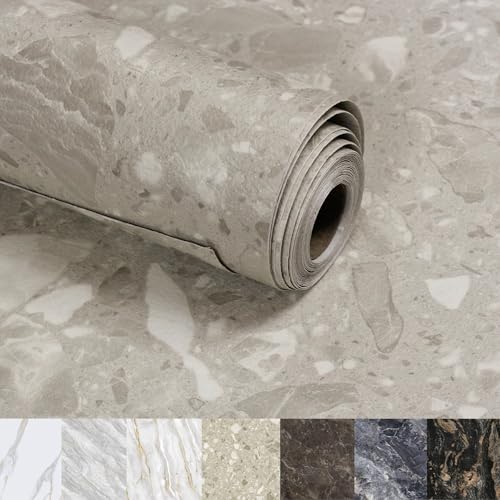 Marble Contact Paper for Countertops Cover - 12"x197" Matte Beige Peel and Stick Terrazzo Wallpaper - Removable Self Adhesive Thick Granite Vinyl Film Roll