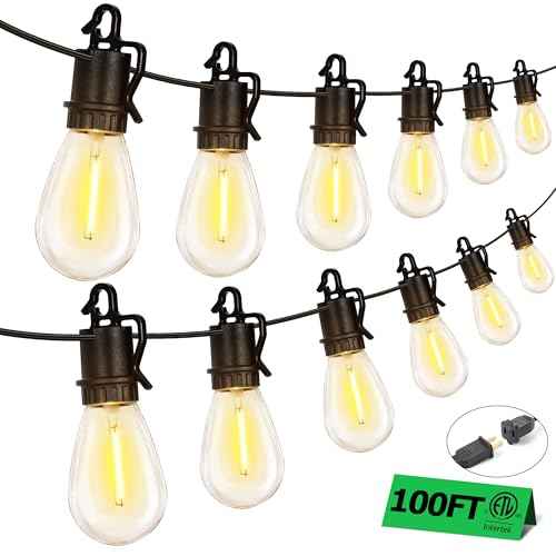 100FT Outdoor String Lights with 52 Shatterproof S14 Vintage Edison Bulbs E12 Sockets,2700K Dimmable Outdoor Lights,IP55 Waterproof LED String Lights for Outside, Patio, Garden, Backyard,Bistro