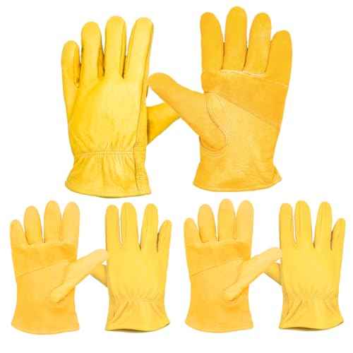 3 Pairs Leather Work Gloves for Men, Durable Gardening Gloves, Cowhide Work Gloves for Driver, DIY, Construction