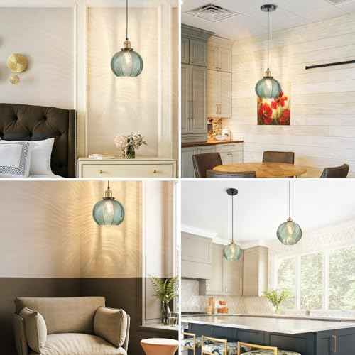 Vintage Pendant Light 1- Light Kitchen Sink Pendant Lights with Green Hand Blown Glass Small Hanging Lamp for Kitchen Island Dining Room Bedroom Bathroom Hallway E26