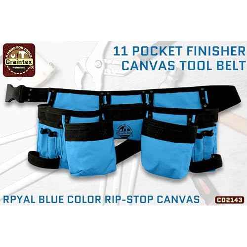 Graintex CD2143 11 Pocket Finisher Tool Apron Royal Blue Color Rip-stop Canvas for Constructors, Electricians, Plumbers, Handymen