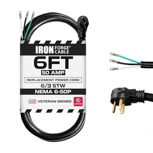 Iron Forge Cable NEMA 6-50 Extension Cord with Open End - 6ft 50 Amp EV Power Cord with Eyelet, 6/3 Gauge Replacement Cable - NEMA 6-50 Plug STW