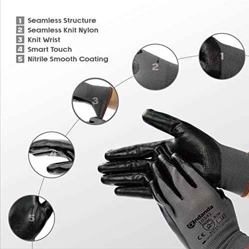 ANDANDA 12 Pairs Work Gloves, Smart Touch, 3D Comfort Stretch Fit, Nitrile Coated, Men Work Gloves with Grip, Seamless Knit Nylon, Suitable for Warehousing, Logistics, Handling, Black£¨L£©