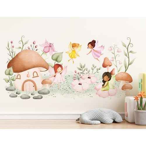 Woodland Mushroom Wall Decals Mushroom House Garden Wall Stickers Peel and Stick Fairy Floral Plants Wall Art for Girls Bedroom Baby Nursery Living Room Sofa TV Background Decor