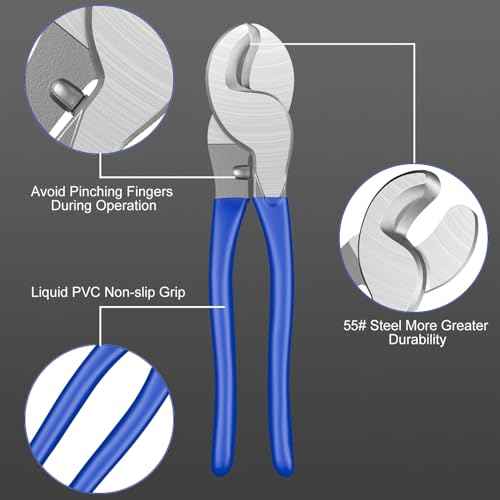 10 Inches Cable Cutter, High Leverage Heavy Duty Wire Cutters Cable Cutters Heavy Duty for Cutting Aluminum, Soft Copper, and Communication Cables(Avoid Pinching Fingers Design Included)-Blue