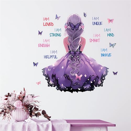 Purple Ponytail Girl Inspirational Wall Stickers, sacinora Motivational Lettering Quotes DIY Butterfly Wall Decals Removable Vinyl Peel and Stick for Kids Baby Nursery Bedroom Playroom Art Decoration