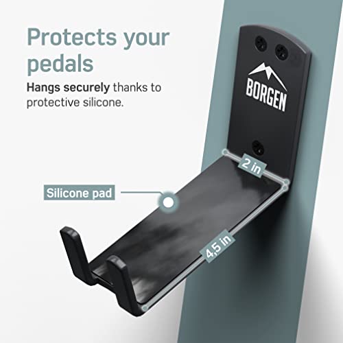 Borgen Bike Wall Mount Pedal Hook for E-Bikes, MTB & Road - Bicycle Wall Mount with Support Brackets and Wall Protection Pads, Suitable as Bike Rack Garage Bike Storage Shed and Bicycle Storage Indoor
