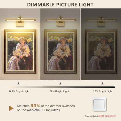 Brass Picture Lights for Wall Hard-Wired LED Picture Lighting Dimmable Art Light Gallery Lighting for Wall Portraits Artwork 15.75 inch 7W Warm White