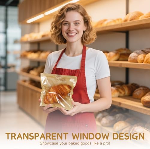 SUREHOME Paper Sandwich Bags 100 Pcs 7.1 X 7.5 In Kraft Brown Paper Bags with Window Individual Heat Seal Bakery Bag with Sticker Cookie Bag for Party Favors Snacks Treats Bread Baked Goods Packaging