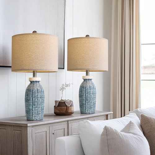 22.75" Table Lamps for Bedroom Living Room Boho Lamp Set of 2 Farmhouse Lamp Bedside Nightstand Small Rustic Vintage Retro Modern Table Lamp Light Home Office Desk Deco Gifts, Blue