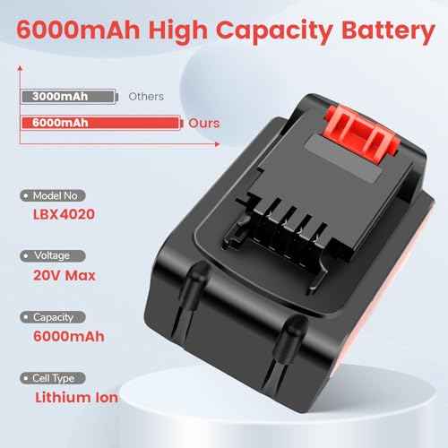 20V Max 6000mAh Replace High-Capacity Battery for Black and Decker 20V Lithium Battery, Compatible with Black & Decker 20 Volt LBXR20 LBXR2020 & Power Tools Weed Eater, Drill, Leaf Blower