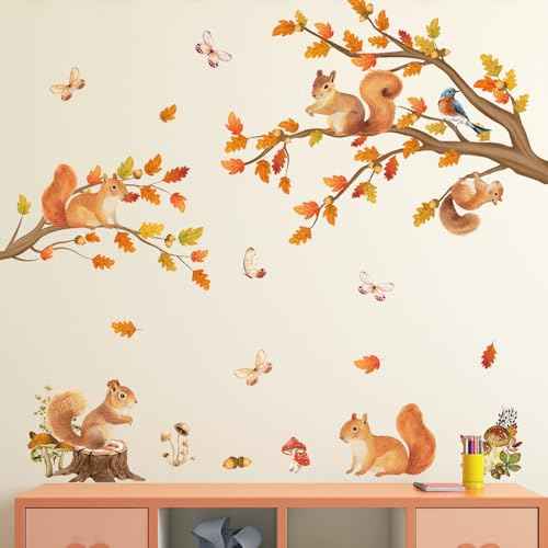 Autumn Squirrel Tree Wall Decals, Woodland Animal Wall Sticker, Nature Themed Wall Art with Butterflie, Birds, Peel and Stick Wall Art Stickers for Kids' Room, Nursery, Playroom, Bedroom, Living Room