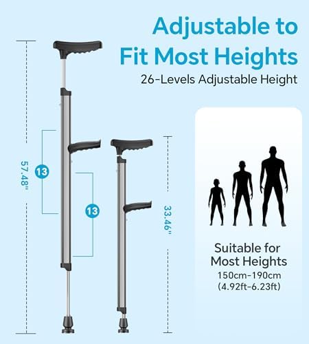 Adjustable Aluminum Walking Cane & Underarm Crutches with Pads and Handgrips, for Adults 150-190cm Tall