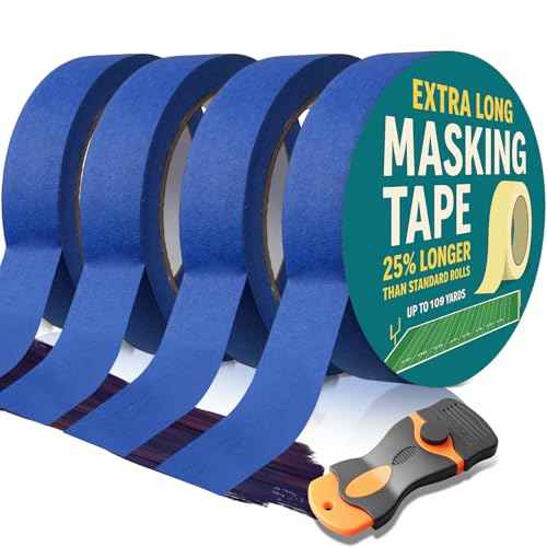 Painters Tape 2 Inch Wide with Bonus Scraper Tool Included, Blue Tape, Masking Tape, Paint Tape for Multi-Purpose, Painting, Painter's, (109yd =0.98IN*25yd*4),No Residue, Easy Removal