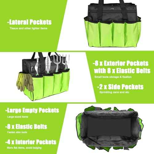KUNLUN Gardening Tote Bag, Garden Tool Bag with 14 Pockets & Elastic Belt, Heavy Duty Standable Garden Tote Storage Bag with Long Adjustable Shoulder Strap for Indoor and Outdoor Use
