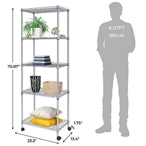 JS HANGER Wire Shelving Unit with Wheels, 5-Tier Heavy Duty Height Adjustable Rolling Metal Shelves for Storage, 550 lbs Capacity, 23.23''W X 13.4''D X 71''H, Silver