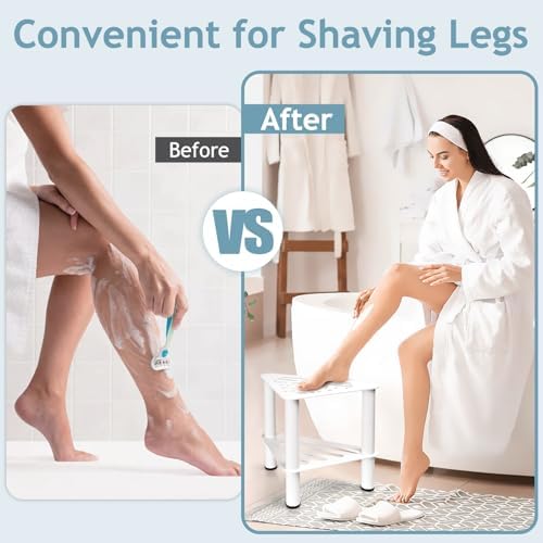 Corner Shower Stool for Shaving Legs - Metal Foot Rest Bench with Storage Shelf, Waterproof Non-Slip Chair for Bathroom Spa, White