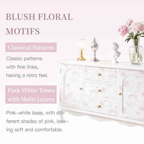 Dimoon 78.7"x17.3" Pink Wallpaper Floral Contact Paper Peel and Stick Wallpaper White Vintage French Country Renter Friendly Bathroom Boho Flower Removable Wall Paper Kitchen Self Adhesive Vinyl Roll