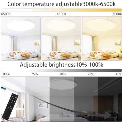 24 Inch Flush Mount Ceiling Light Fixture, Dimmable with Remote, 3000K-6500K Adjustable Color, 48W 4800Lm Ultra Thin Modern Round LED Ceiling Light, White for Bedroom, Kitchen, Living Room