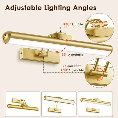 Picture Light for Wall with Remote, Wireless Battery Operated Wall Lights with 3 Colors Dimmable & Timer, 12.6" Rechargeable Metal Wall Sconce for Living Room, Artwork Gallery Display, Gold-2Pack
