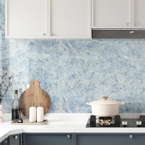 Wallercity Glossy Cream Blue Marble Contact Paper for Kitchen Countertops Self Adhesive Marble Wallpaper for Bathroom Bedroom Peel and Stick Countertops Wall Paper for Cabinets Drawers 15.8''x78.7''