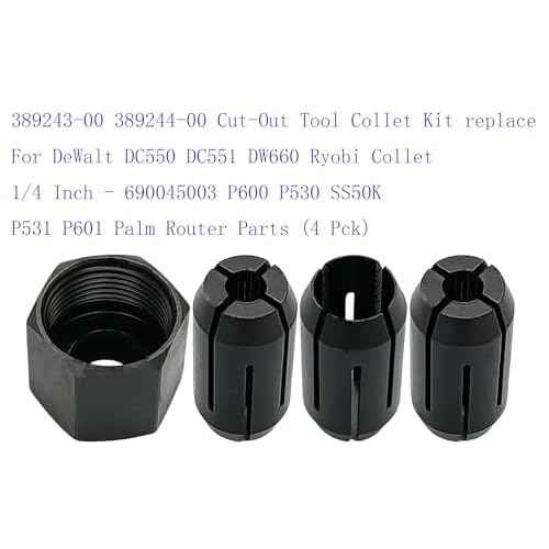 389243-00 389244-00 Cut-Out Tool Collet Kit replace For DeWalt DC550 DC551 DW660 Ryobi Collet 1/4 Inch - 690045003 P600 P530 SS50K P531 P601 Palm Router Parts (4 Pck)