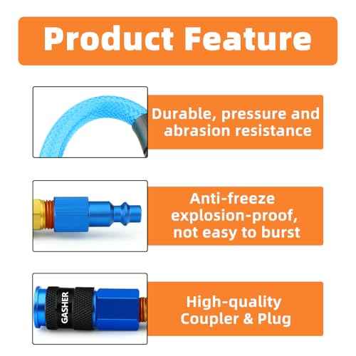GASHER 1/4" x 25FT Reinforced Polyurethane Recoil Air Hose With Bend Restrictor, 1/4" AMT Universal Air Coupler, For Air Compressor