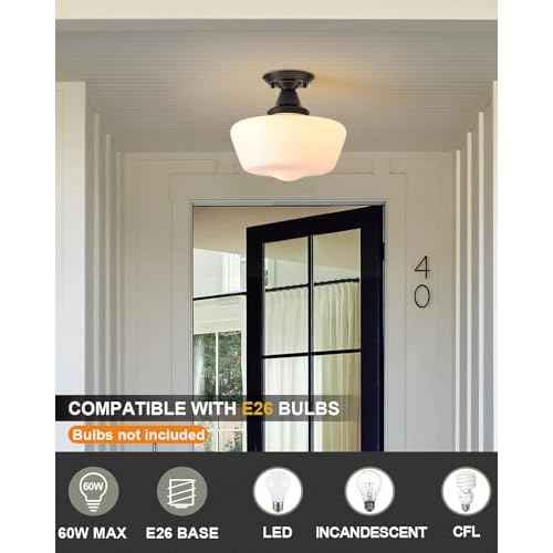 Schoolhouse Light Fixture, 12 Inch Black Finish with Milk Glass Semi Flush Mount Ceiling Light, Ceiling Light Fixture for Kitchen Hallway Entryway