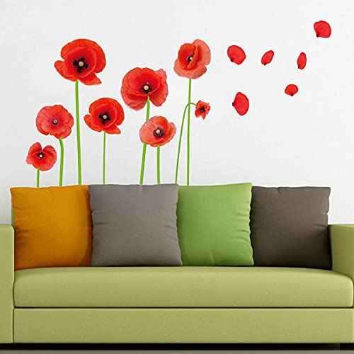 Maydahui 2 Sheets Red Poppy Flower Wall Decals Beautiful Floral Wall Stickers(24x55 Inch) Peel Stick Removable Art Mural Decor for Bedroom Living Room TV Sofa Background