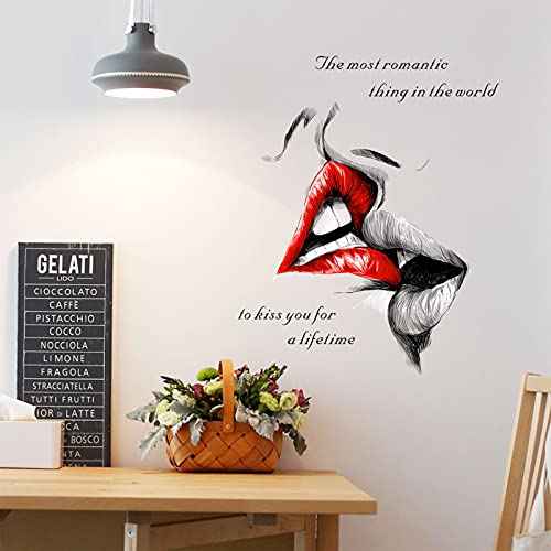 COKOYY Sexy Red Lips Kiss Wall Decals, Kiss You for a Lifetime Quotes Wall Stickers, Kissing Lips Fashion Silhouette Mural, Removable DIY Vinyl Decor Wallpaper for Bedroom, Living Room, TV Wall
