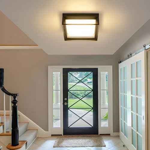 Square Flush Mount Outdoor LED Ceiling Light Fixture, 120V 24W 3000K 9 inch Medium Overhead Porch & Patio Lights Ceiling Mounted, Waterproof Suitable for Wet Areas, Black
